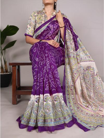 Purple Silk Madhubani & Bandhej Fusion Saree