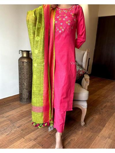 Pink Cotton Kurti, Pant and Dupatta (Set of 3)