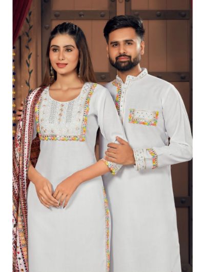 Couple Navratri White Kurta Pajama for Men & Kurti Pant and Dupatta for Women