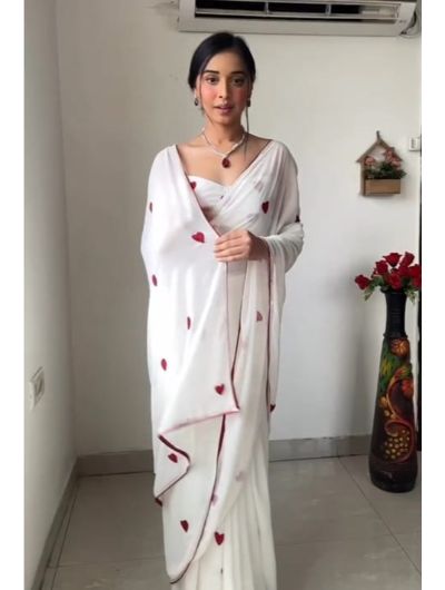 White Thread Work 1 Minute Saree Georgette Ready to Wear Sari