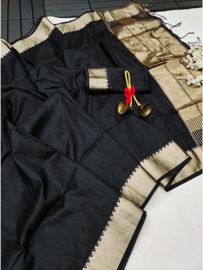 Black Silk Zari Weaving With Fancy Tassels Saree