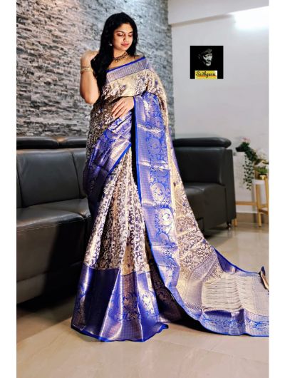 Blue Kanjivaram Silk With Mina Weaving & Contrast Border Saree