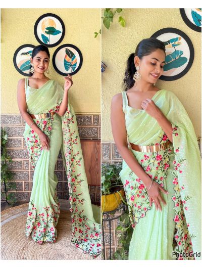 Light Green 1 Minute Saree Ready to Wear Embroidered Sequence Sari