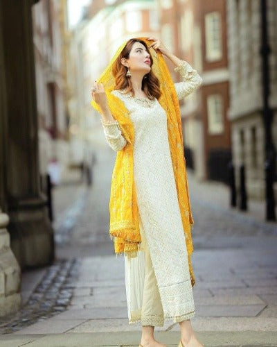 Yellow Dupatta White Georgette Rivet Moti Work Salwar Suit