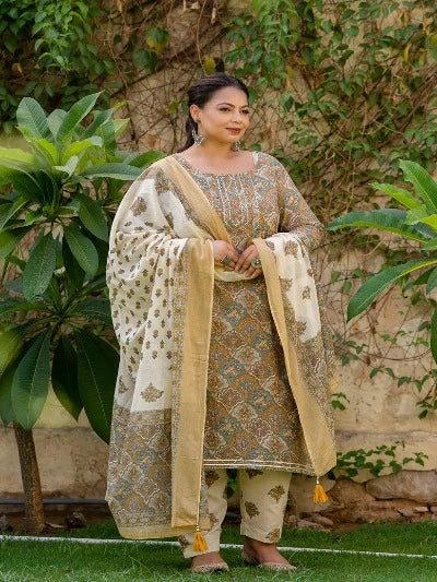 Plus Size Light Brown Cotton Printed Readymade Salwar Suit