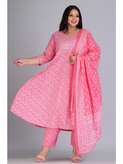 Pink Cotton Kurta, Pant with Dupatta Set of 3