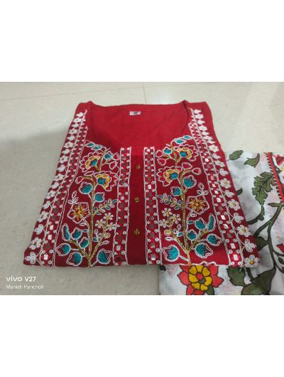 Red Rayon Embroidered Kurti, Pant with Dupatta Set of 3