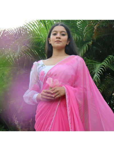 Pink Georgette Saree with Lace Border