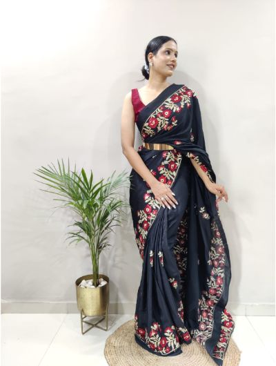 One Minute Black Silk Zari Saree  Ready to wear Sari UK – BONYHUB