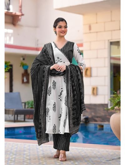 Black Cotton ANGHRAKHA Kurta, Pant with Dupatta Set of 300000