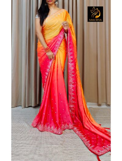 Designer Yellow-Pink Shaded Rangoli Padding Silk Saree