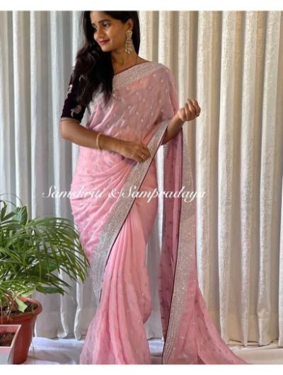 Light Pink Chinnon Chiffon Embroidered Saree with Contrast Blouse