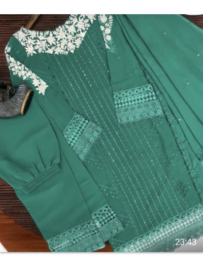 Green Heavy Embroidered Georgette Kurti, Pant with Dupatta Set of 3