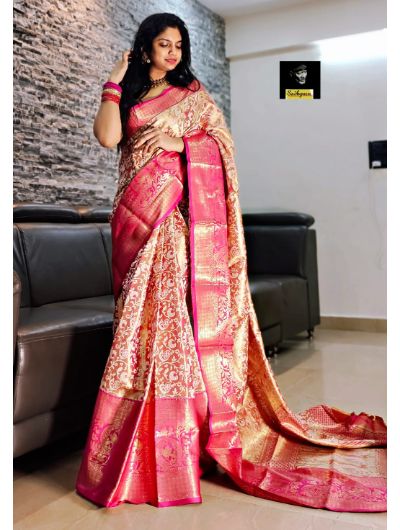 Pink Kanjivaram Silk With Mina Weaving & Contrast Border Saree