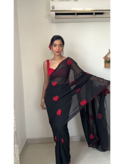 Black Thread Work 1 Minute Saree Georgette Ready to Wear Sari