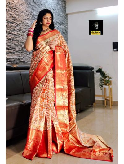 Orange Kanjivaram Silk With Mina Weaving & Contrast Border Saree