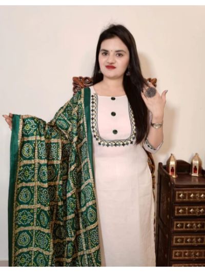 Beige-Green Cotton Kurti With Pant And Bandhej Printed Silk Dupatta Set of 3