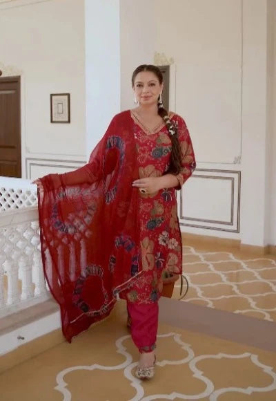 Plus Size Maroon Embroidered Kurta Pant & Dupatta Set