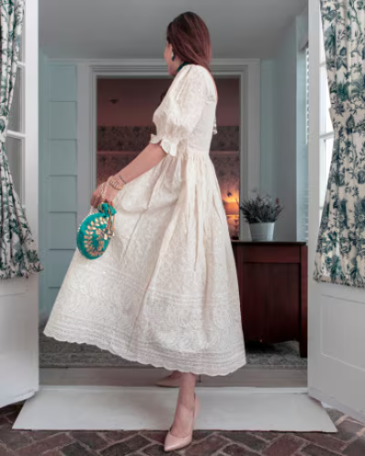 Cream Embroidered Handloom Cotton Middi Dress 1PC