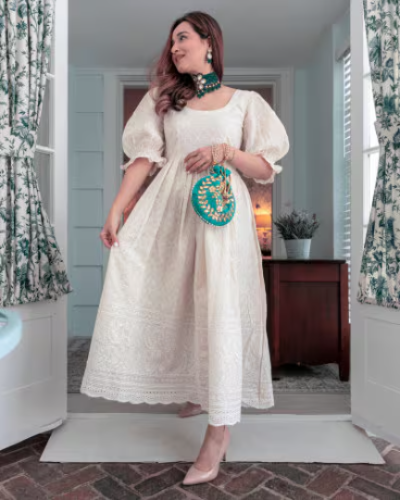 Cream Embroidered Handloom Cotton Middi Dress 1PC