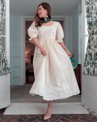 Cream Embroidered Handloom Cotton Middi Dress 1PC