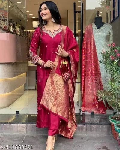 Plus Size Red Roman Silk Jacquard Salwar Suit
