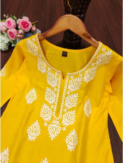 Yellow Rayon Chikan Embroidered Women Top Short Kurta