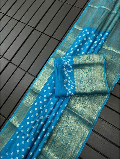 Sky Blue Kanjivaram Bandhani Cotton Silk Saree