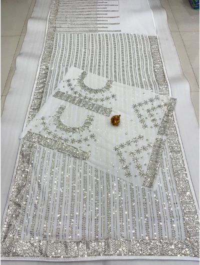 White Heavy Georgette Sequence Embroidery Saree