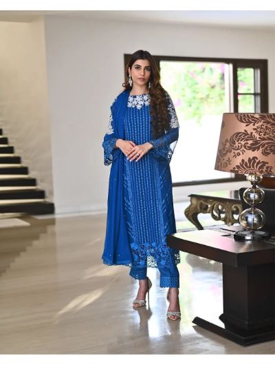 Blue Heavy Embroidered Georgette Kurti, Pant with Dupatta Set of 3