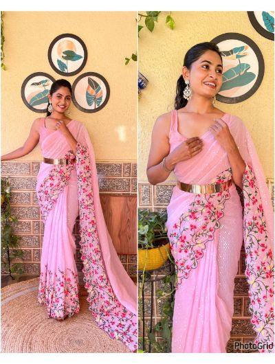 Baby Pink 1 Minute Saree Ready to Wear Embroidered Sequence Sari