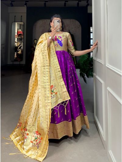 Purple Silk Zari Gown and Dupatta Set of 2