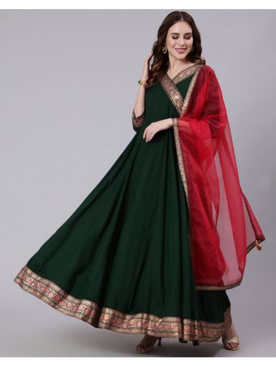 Green Rayon Anarkali Gown with Dupatta Set of 2