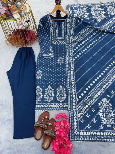 Blue Pure Cotton Muslin Digital Print Salwar Suit Set