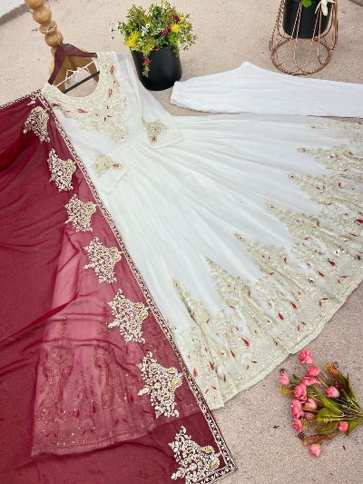 Full White Dress With Red Dupatta Red White Dress With Colorful