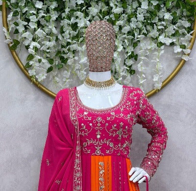 Orange Pink Designer Wedding Anarkali Gown Dupatta