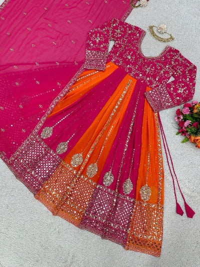 Orange Pink Designer Wedding Anarkali Gown Dupatta