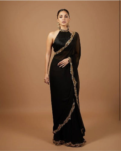 Black Gold Net Lace Bollywood Saree