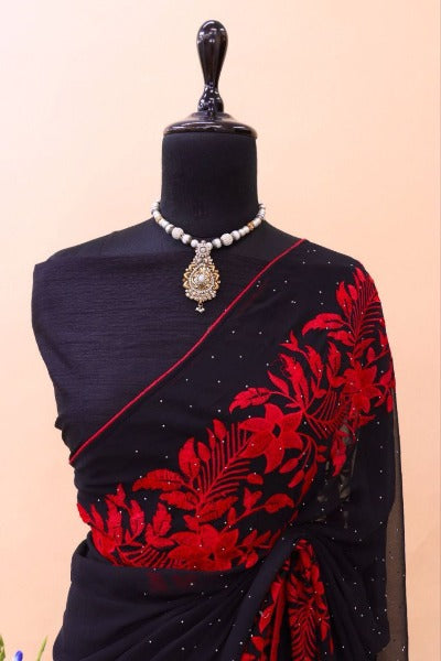 Black Red Net Lace Bollywood Saree