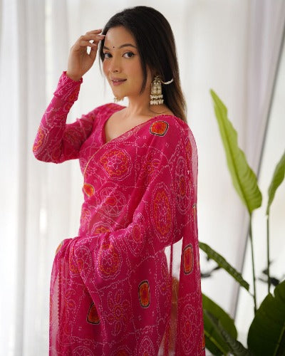Ready to wear Pink Bandhani Sari Free Stitched Readymade Blouse