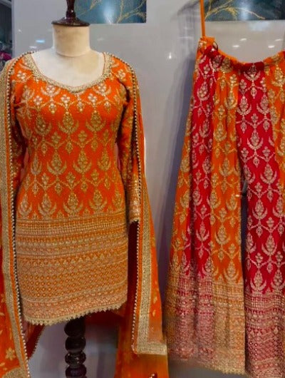 Pink Orange Embroidery Kurta-Sharara Dupatta Set