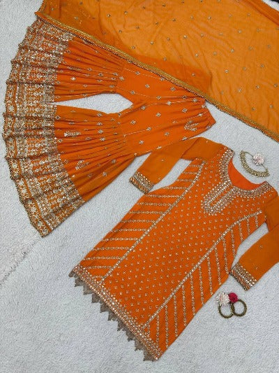 Haldi Reception Embroidery Kurta-Sharara Dupatta Set