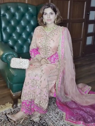 Pink Elegant Reception Embroidery Gold  Work Suit