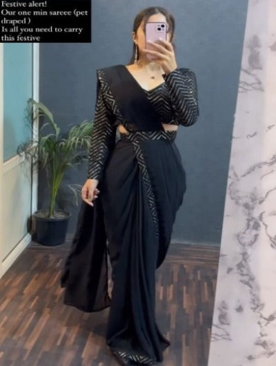 Black PreDraped PreStitched Sari with Readymade Blouse