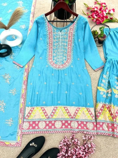 Blue Heavy Chinnon Silk Thread Embroidery Sharara Suit Set