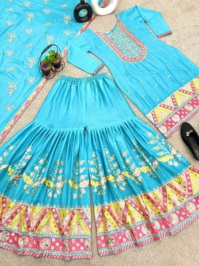 Blue Heavy Chinnon Silk Thread Embroidery Sharara Suit Set