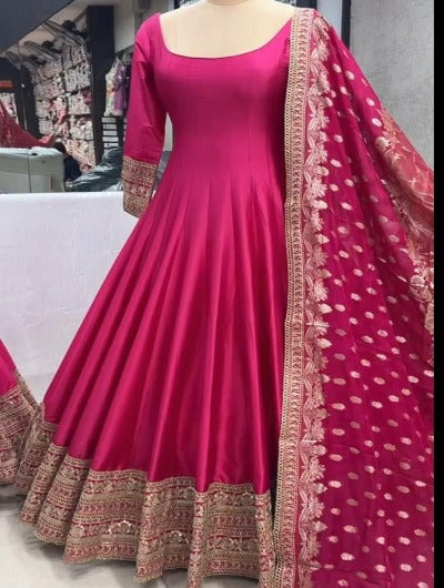 Hot Pink Chinon Silk Anarkali Dupatta Set Of 2