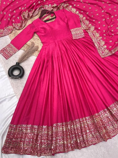 Hot Pink Chinon Silk Anarkali Dupatta Set Of 2