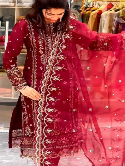 Red Organza Embroidery Suit