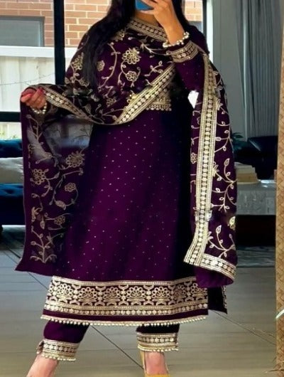Burgandy Gold Embroidery Sequins Salwar Suit Set